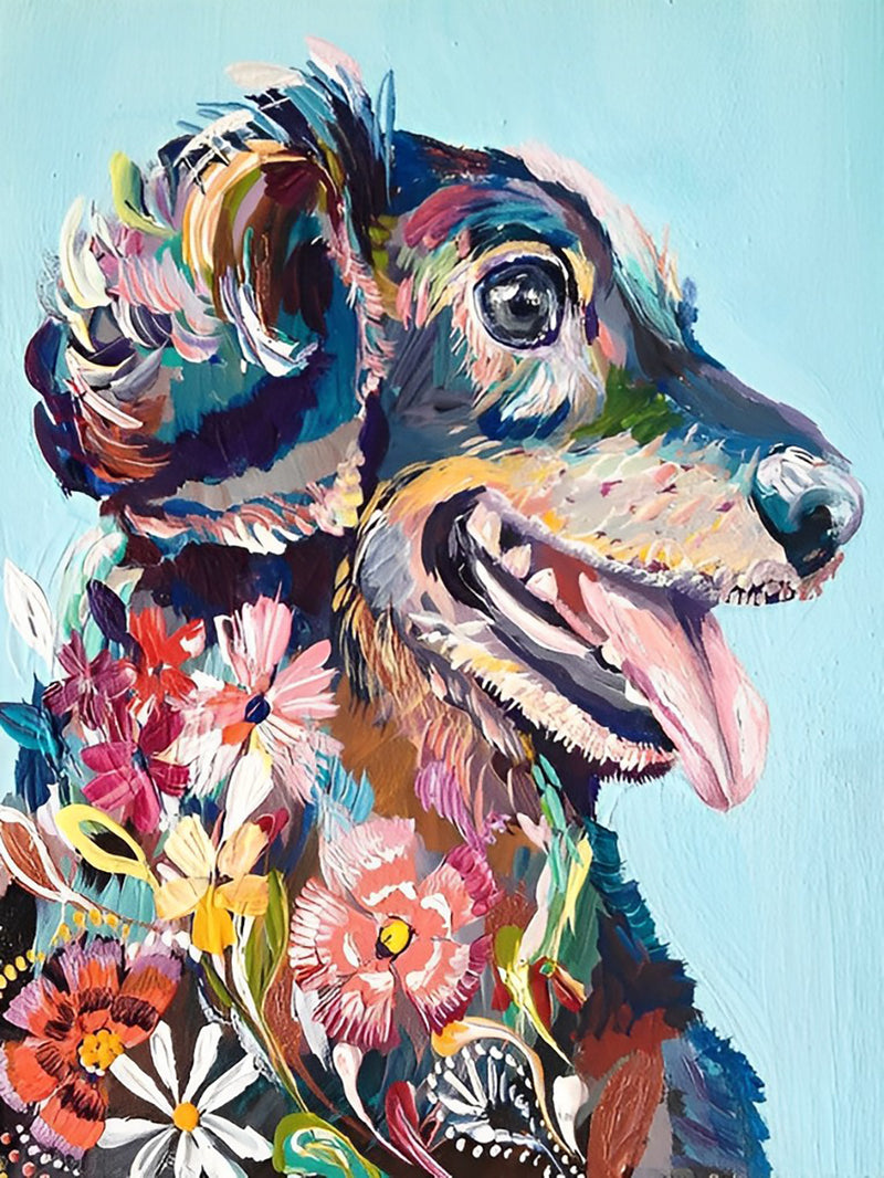 Hund und Blumen Diamond Painting