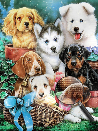 Sieben Hunde und Tulpen Diamond Painting