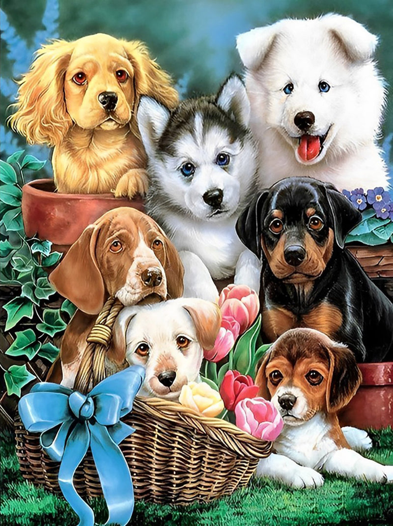 Sieben Hunde und Tulpen Diamond Painting