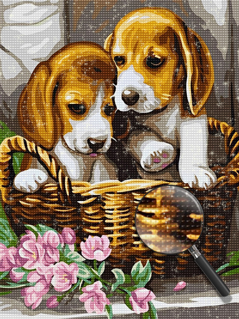 Hunde im Bambuskorb Diamond Painting