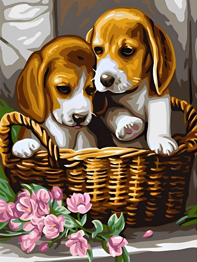 Hunde im Bambuskorb Diamond Painting