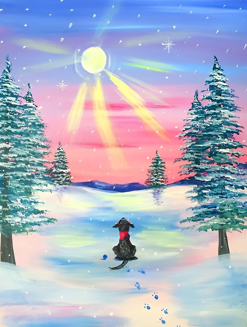 Hund im Schnee bei Sonnenaufgang Diamond Painting