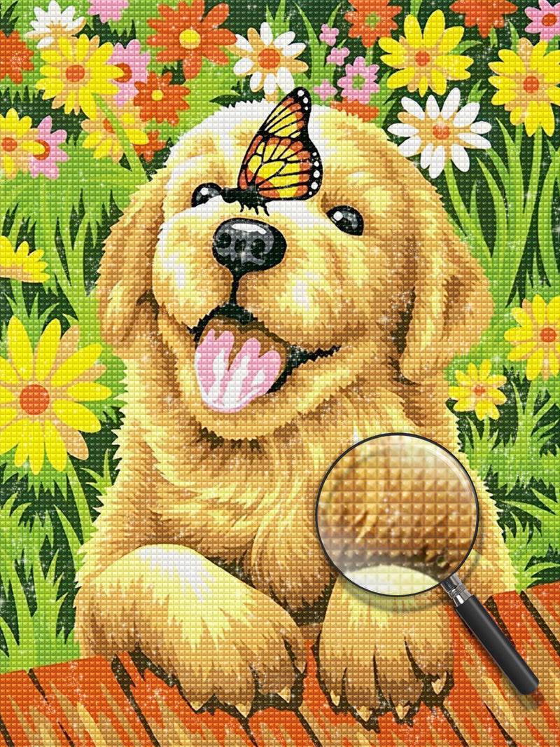 Golden Retriever und Schmetterling in den Blumen Diamond Painting