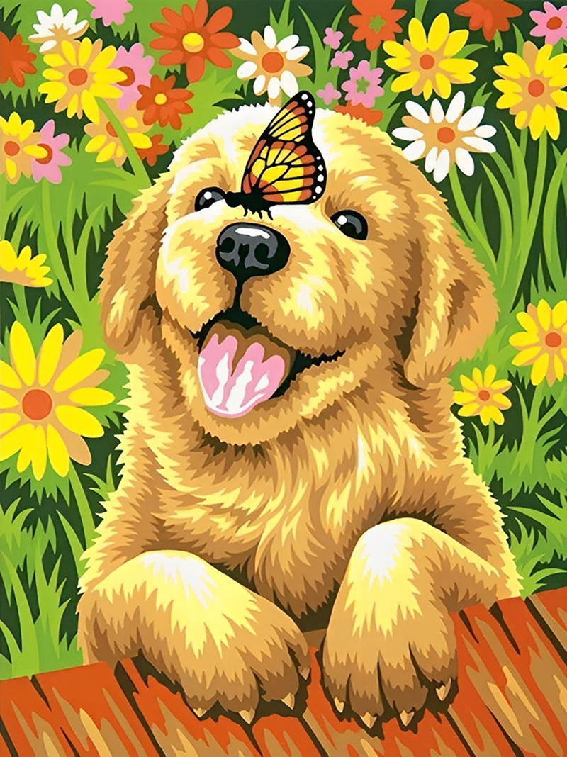 Golden Retriever und Schmetterling in den Blumen Diamond Painting