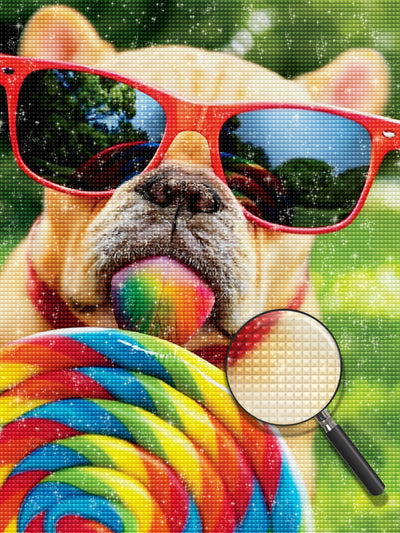 Lutscher essende Bulldogge mit Sonnenbrille Diamond Painting