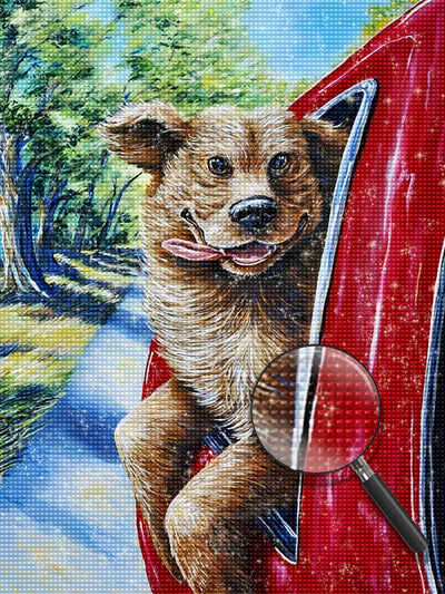 Hund im roten Wagen Diamond Painting