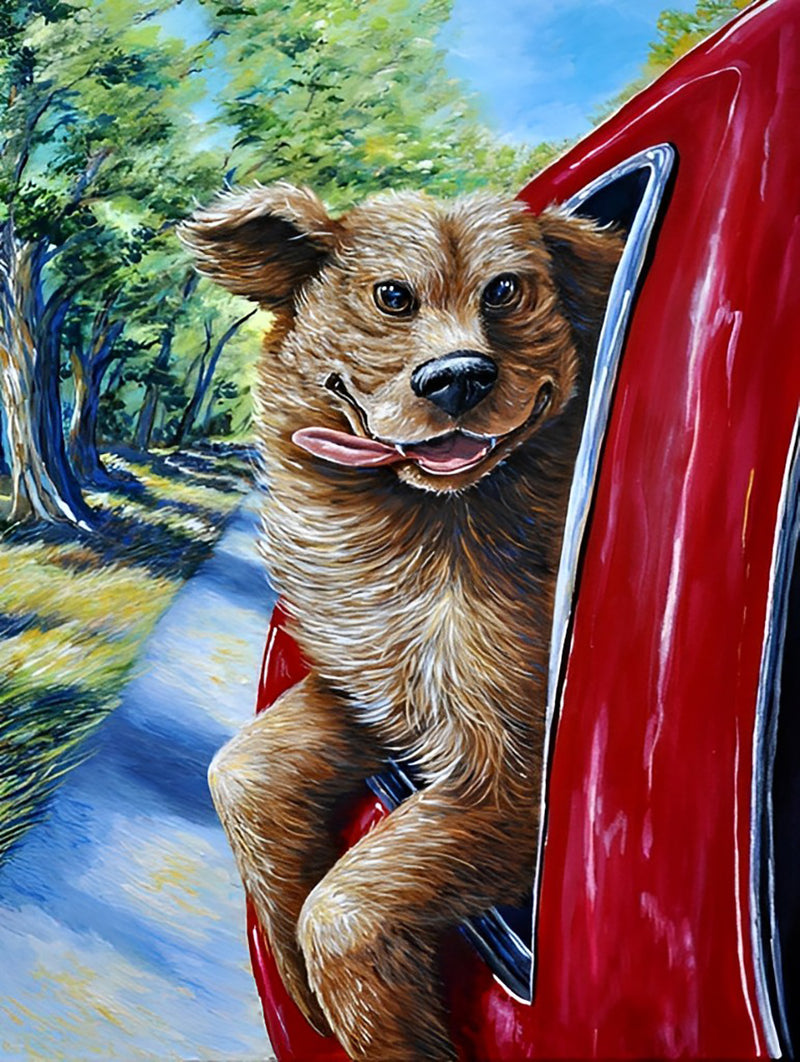 Hund im roten Wagen Diamond Painting