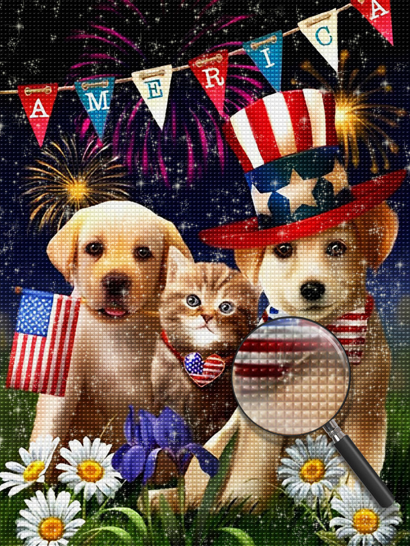 Katze, Hunde und amerikanische Flagge Diamond Painting