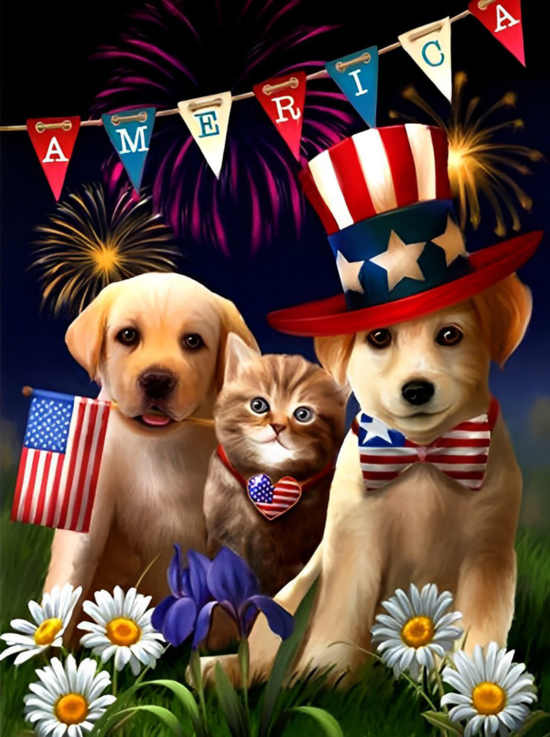 Katze, Hunde und amerikanische Flagge Diamond Painting