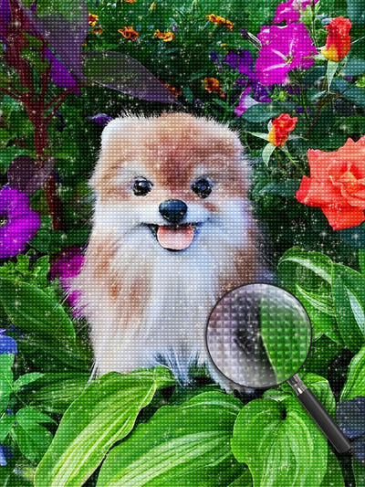 Hund in den Blättern Diamond Painting