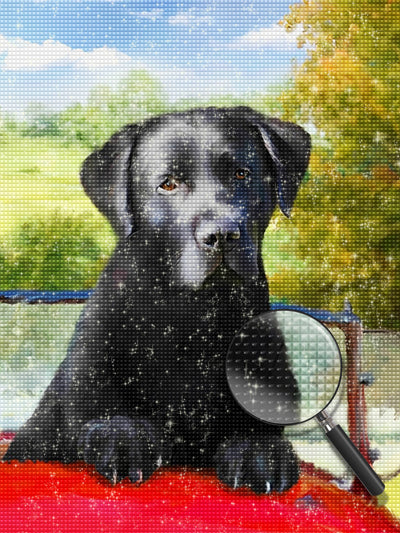 Labrador auf dem roten Wagen Diamond Painting