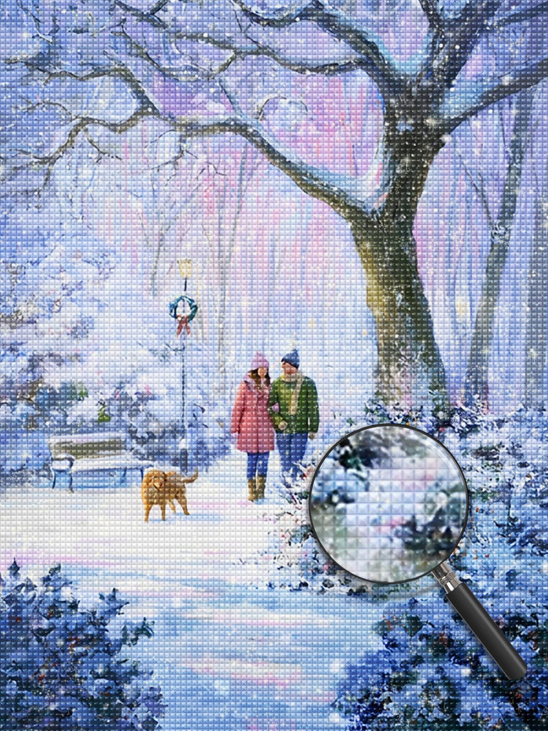 Liebespaar mit Hund im Schnee Diamond Painting