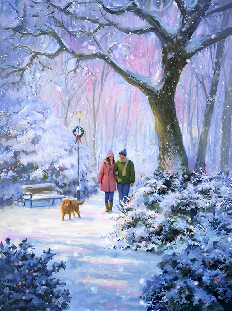 Liebespaar mit Hund im Schnee Diamond Painting