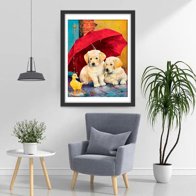 Hunde und Ente unter dem roten Schirm Diamond Painting