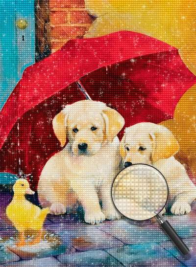 Hunde und Ente unter dem roten Schirm Diamond Painting