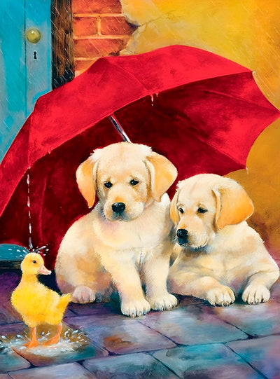 Hunde und Ente unter dem roten Schirm Diamond Painting