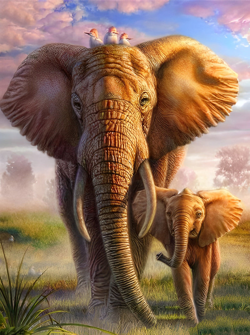 Migrierende Mutter Elefant mit ihrem Baby Diamond Painting