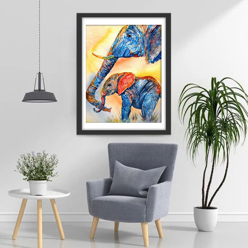 Blauer kleiner Elefant mit seiner Mutter Diamond Painting