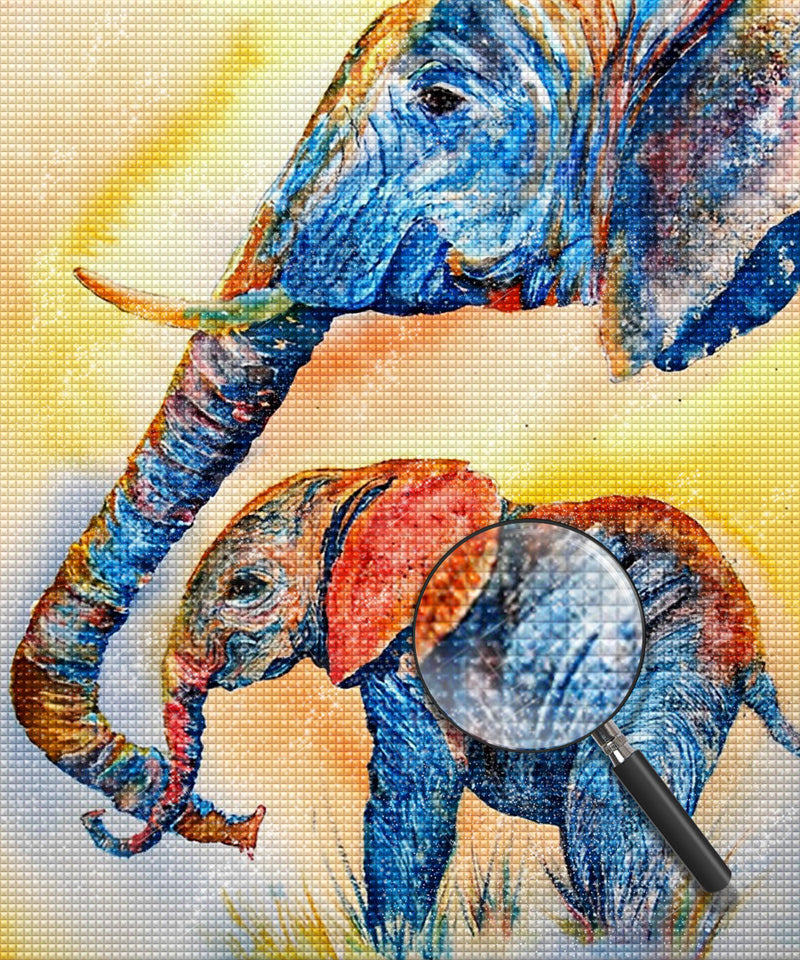 Blauer kleiner Elefant mit seiner Mutter Diamond Painting