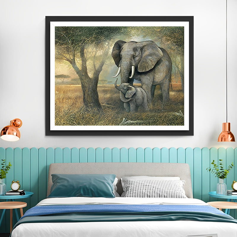 Elefant und kleiner Elefant neben dem Baum Diamond Painting