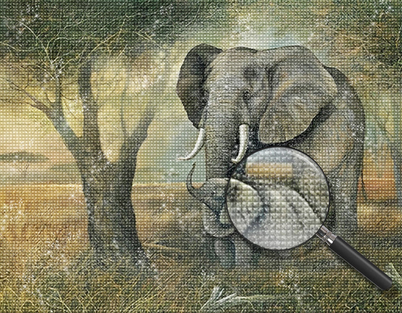 Elefant und kleiner Elefant neben dem Baum Diamond Painting