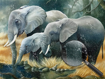 Elefantenfamilie am Fluss Diamond Painting