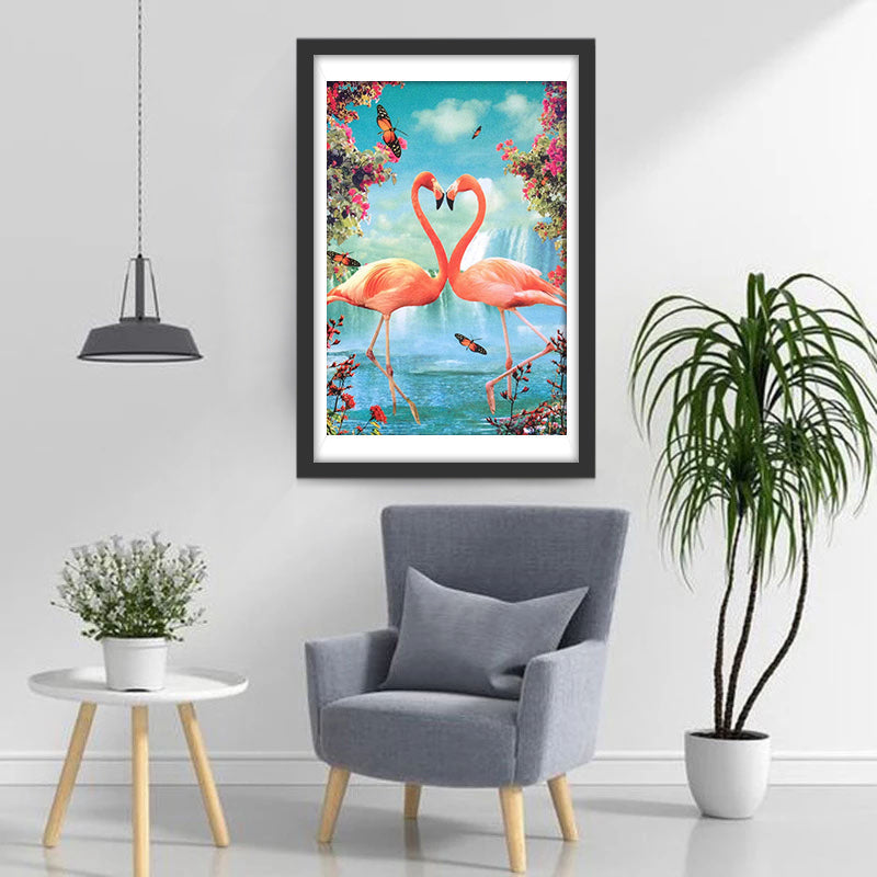 Flamingo-Liebespaar vor dem Wasserfall Diamond Painting