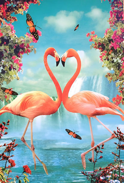 Flamingo-Liebespaar vor dem Wasserfall Diamond Painting