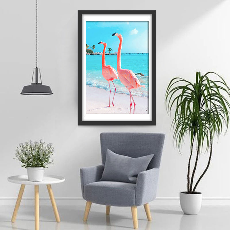 Zwei rosa Flamingos am Meer Diamond Painting