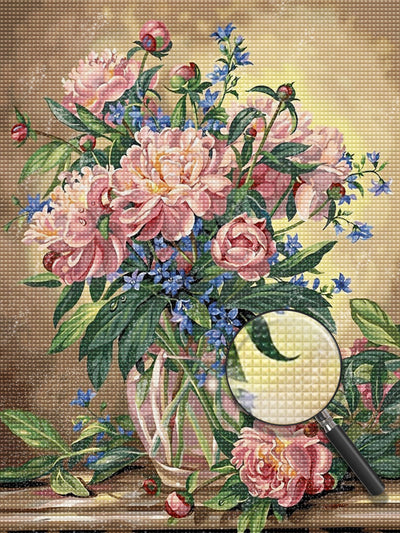 Rosa Pfingstrosen in Glasvase Diamond Painting