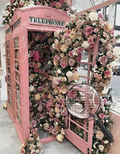 Rosa Telefonzelle und Blumen Diamond Painting