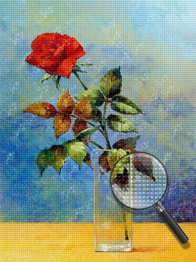 Rote Rose mit grünen Blättern Diamond Painting