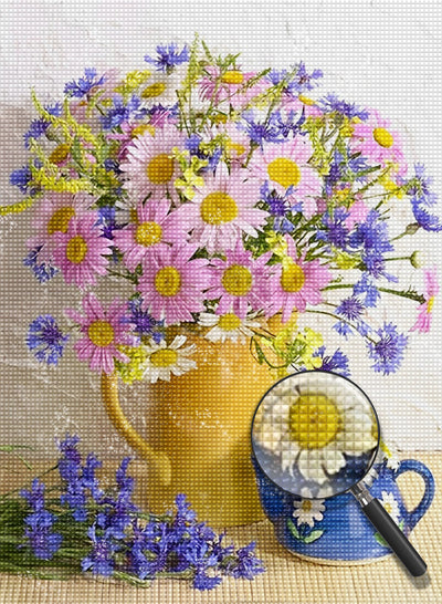 Rosa Gänseblümchen in der gelben Vase Diamond Painting