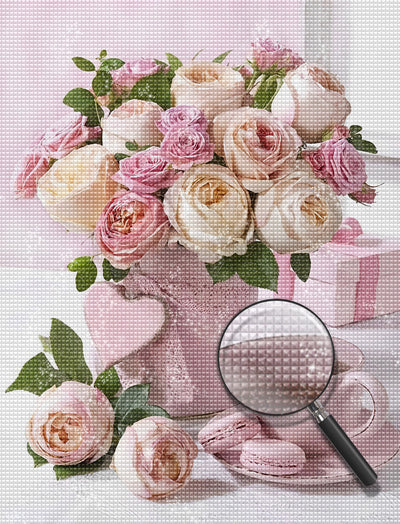 Rosa Blumenstrauß, Kaffee und Geschenk Diamond Painting