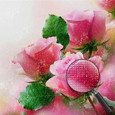 Rosa Rosen und grüne Blätter Diamond Painting