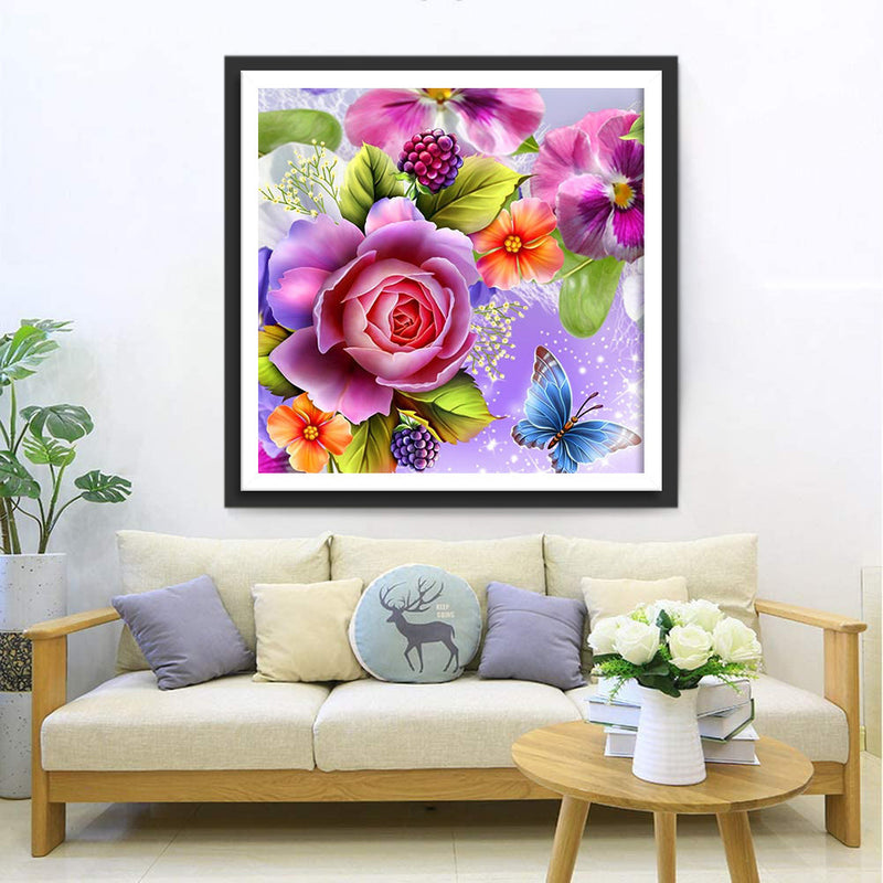 Blumen, Himbeeren und Schmetterling Diamond Painting