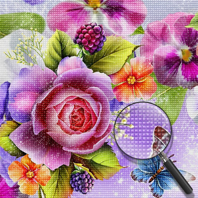 Blumen, Himbeeren und Schmetterling Diamond Painting