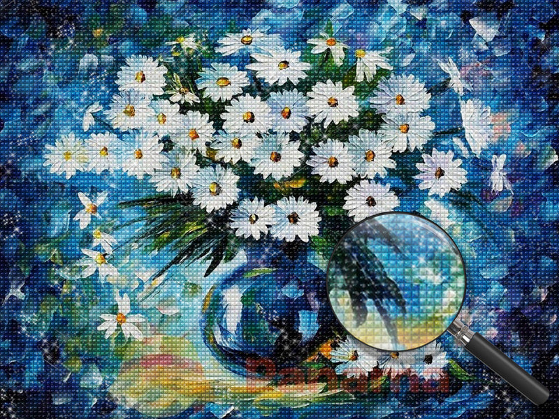 Blaue Vase und weiße Gänseblümchen Diamond Painting