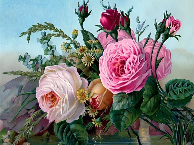 Rosen, grüne Blätter und Gänseblümchen Diamond Painting