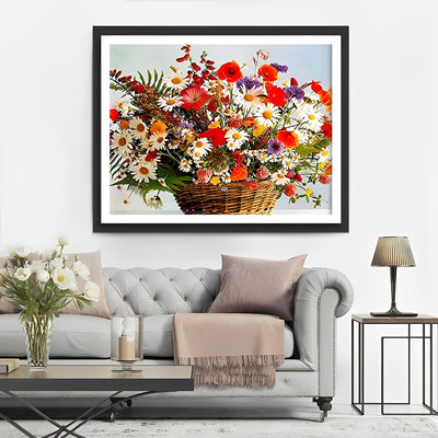 Gänseblümchen und Mohnblumen im Bambuskorb Diamond Painting