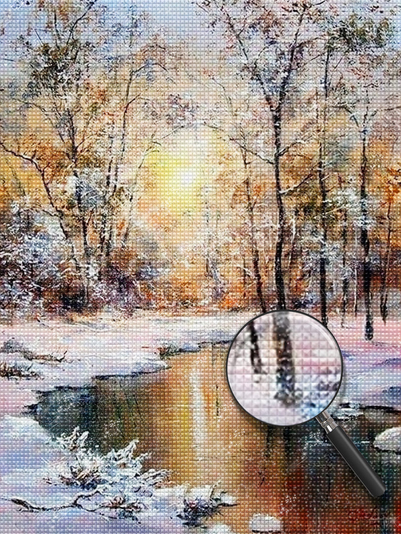 Wald und Fluss im Winter Diamond Painting