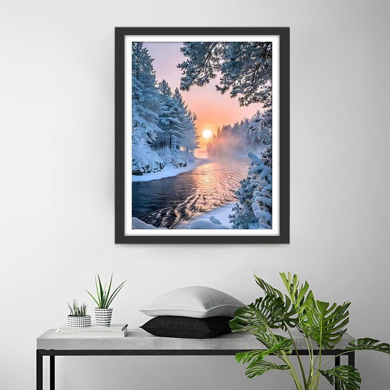 Fluss Sonne Schneewald Diamond Painting