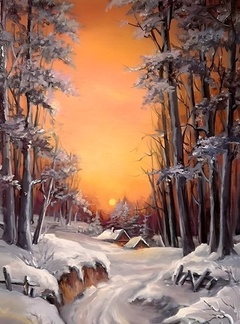 Schneewald bei Sonnenuntergang Diamond Painting