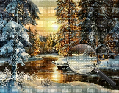 Schneewald und Fluss bei Sonnenuntergang Diamond Painting