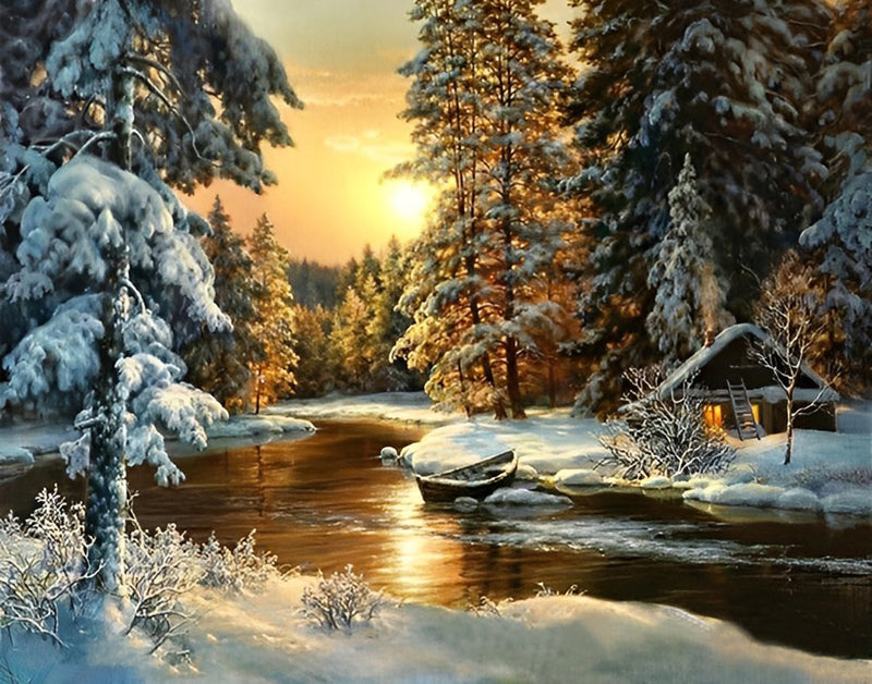 Schneewald und Fluss bei Sonnenuntergang Diamond Painting