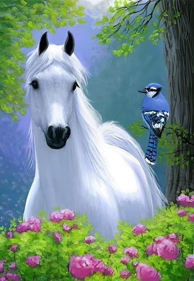 Weißes Pferd und blauer Vogel Diamond Painting