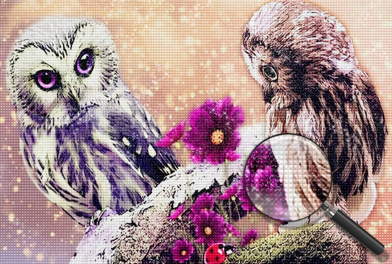 Eulen und lila Gänseblümchen Diamond Painting