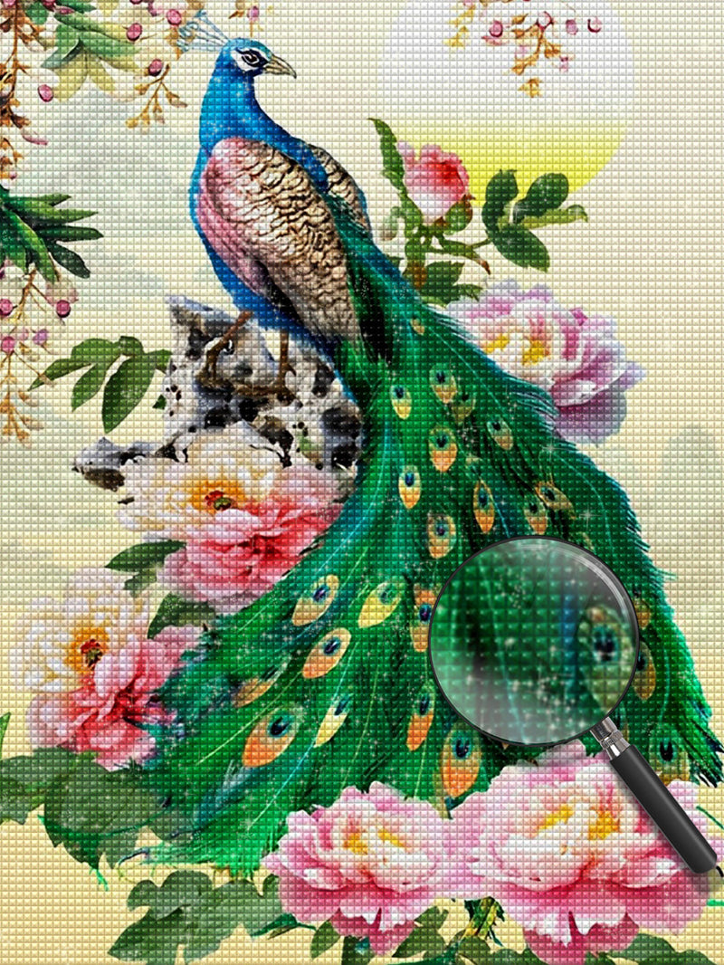 Grüner Pfau und Pfingstrosen Diamond Painting