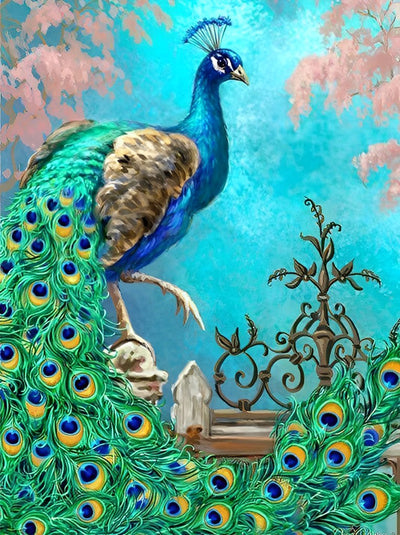 Grüner Pfau auf dem Zaun Diamond Painting