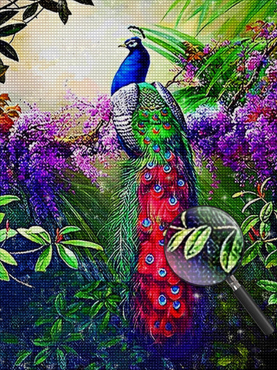 Pfau und lila Blumen Diamond Painting